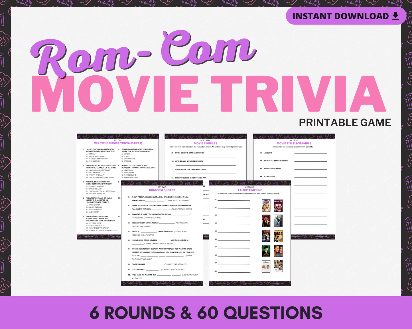 ROM-COM MOVIE TRIVIA PRINTABLE GAME