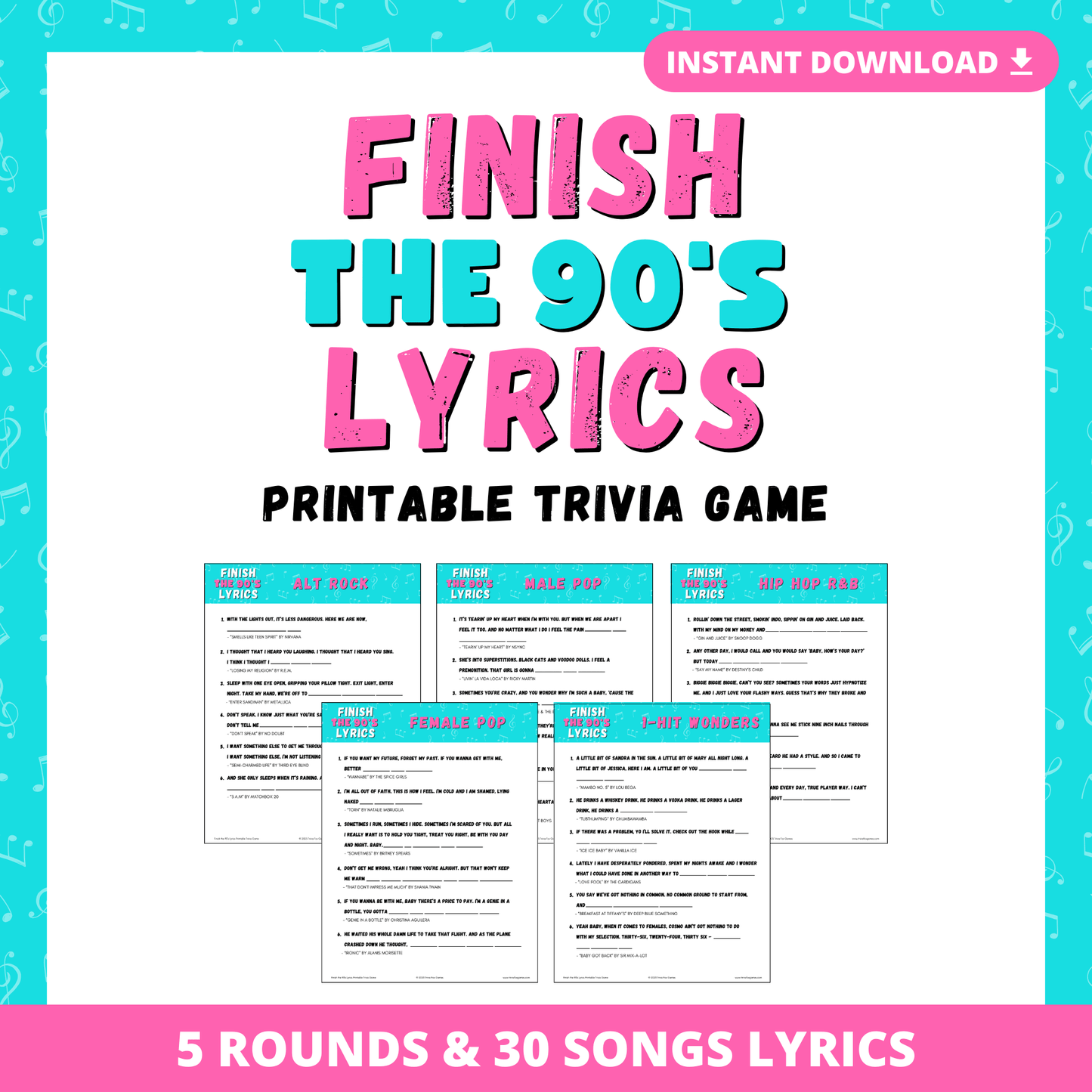 Finish the 90's Lyrics Printable Trivia Game