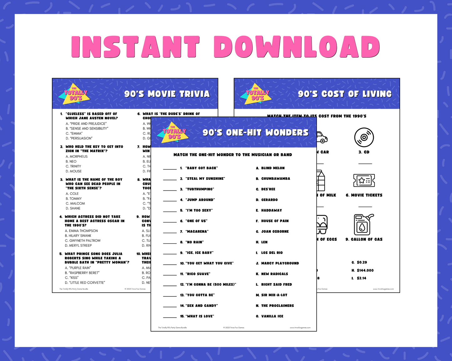 90's Trivia Party Game Bundle