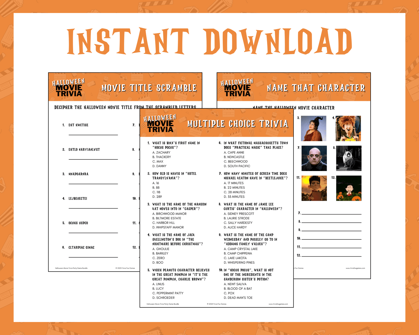 Halloween Movie Trivia Party Game Bundle