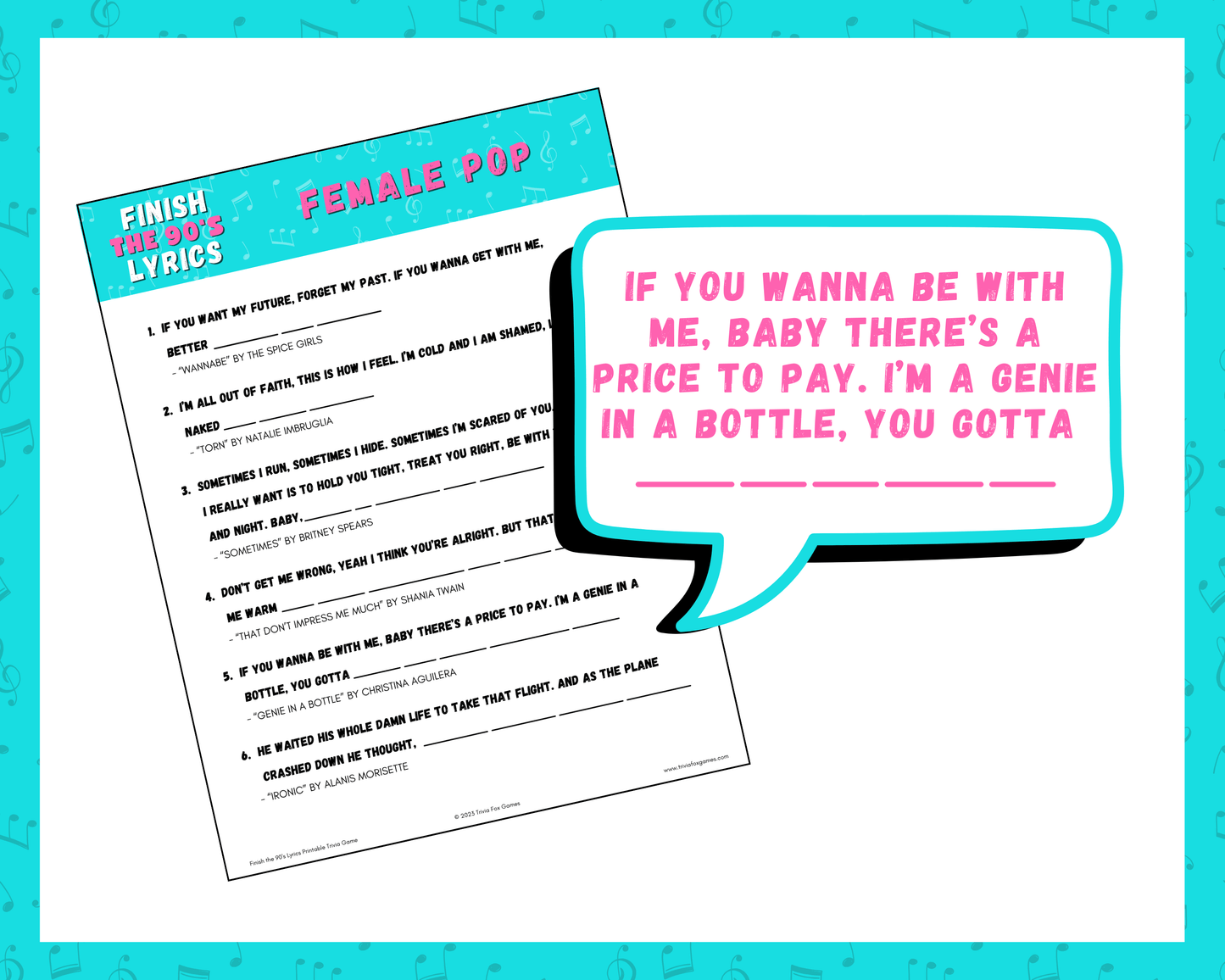 Finish the 90's Lyrics Printable Trivia Game