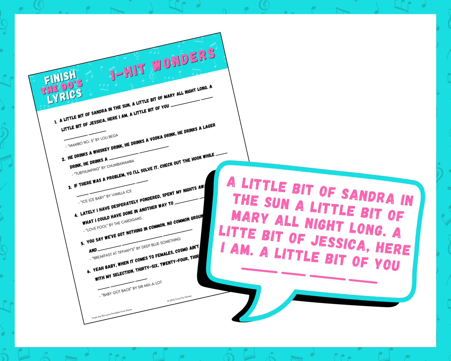 Finish the 90's Lyrics Printable Trivia Game