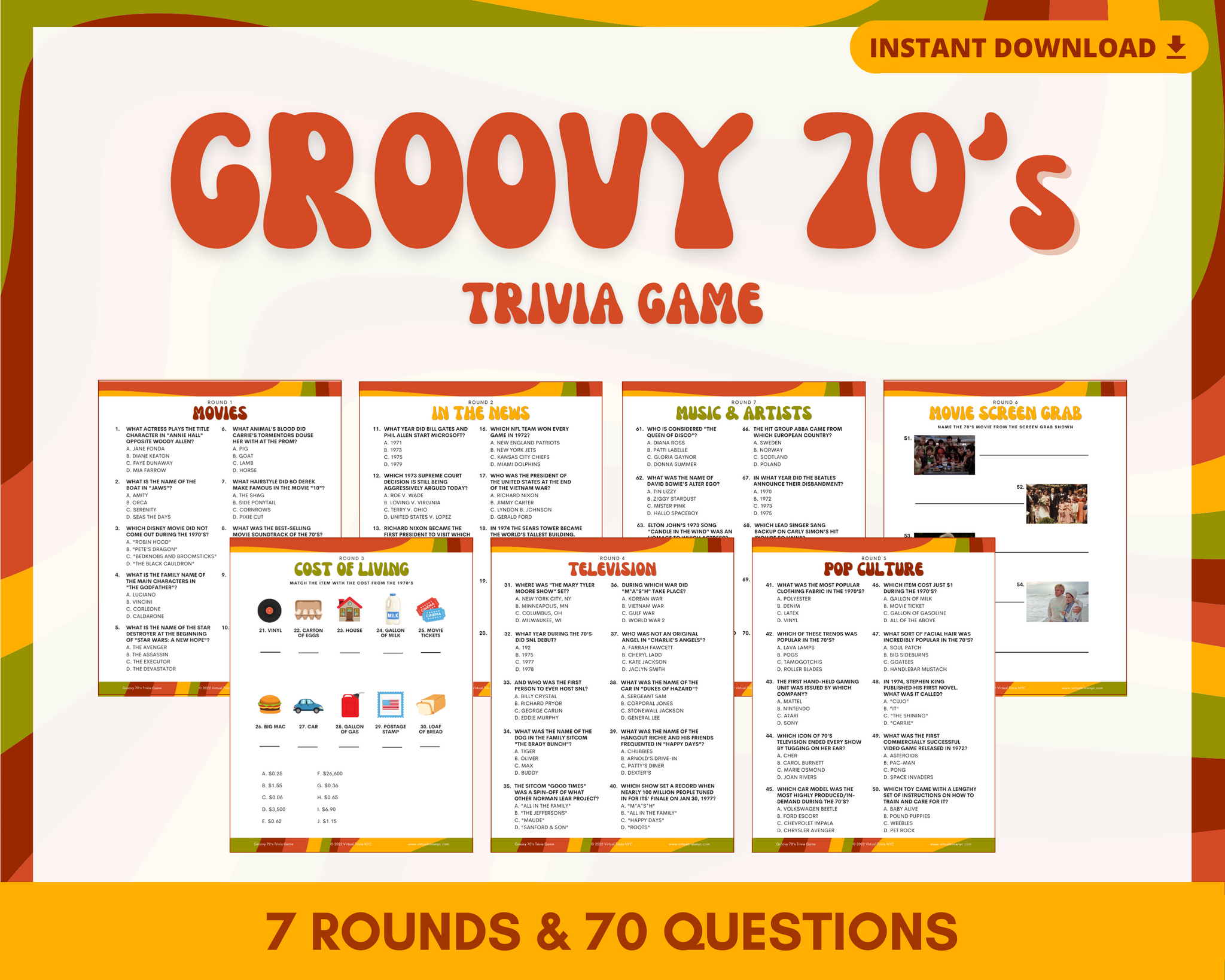 GROOVY 70'S PRINTABLE TRIVIA GAME