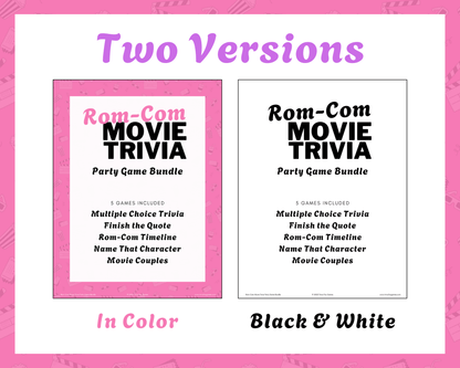 Rom-Com Movie Trivia Printable Game Bundle