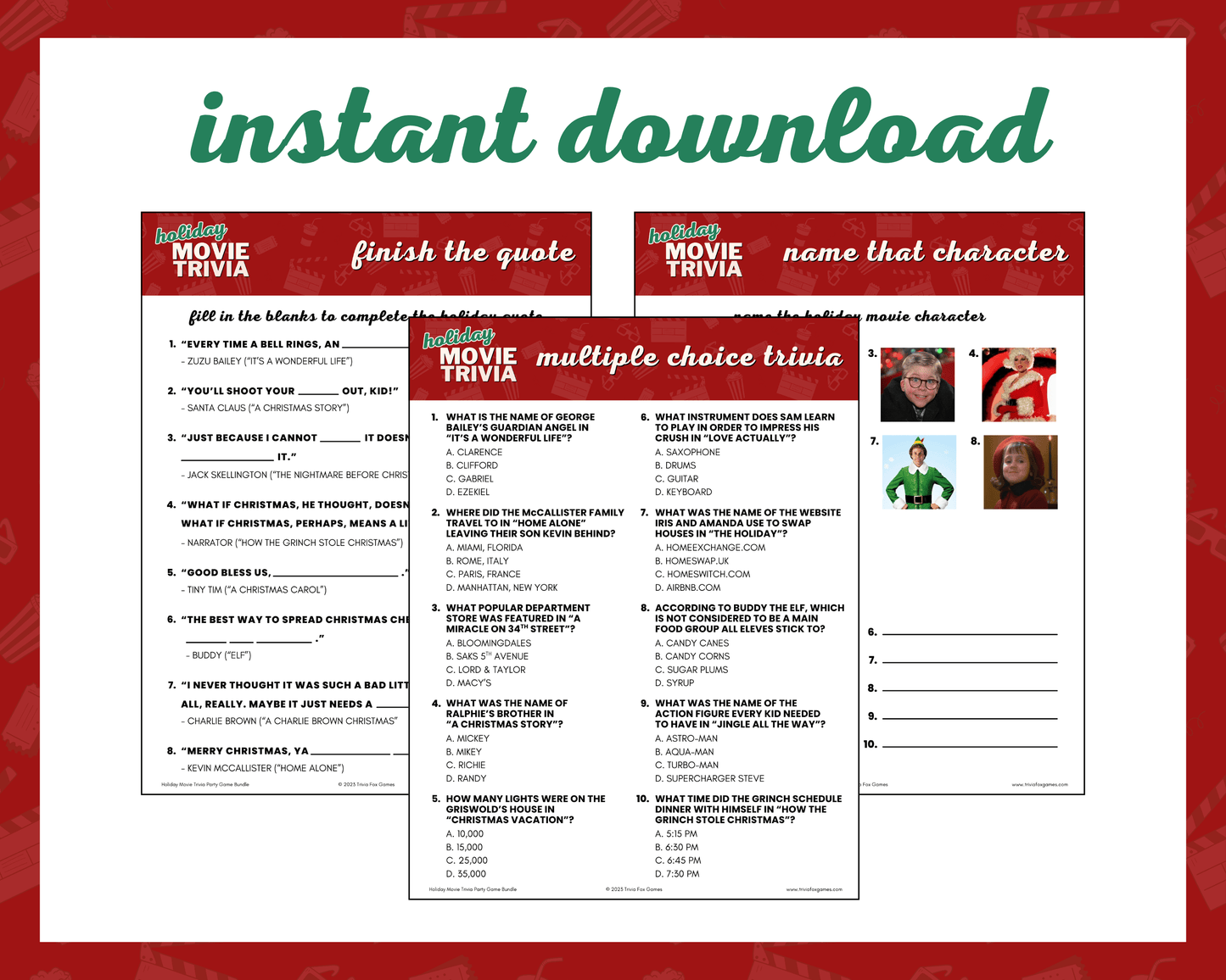 Holiday Movie Trivia Printable Game Bundle