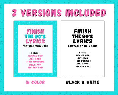 Finish the 90's Lyrics Printable Trivia Game