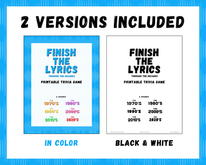 Finish the Lyrics Printable Trivia Game