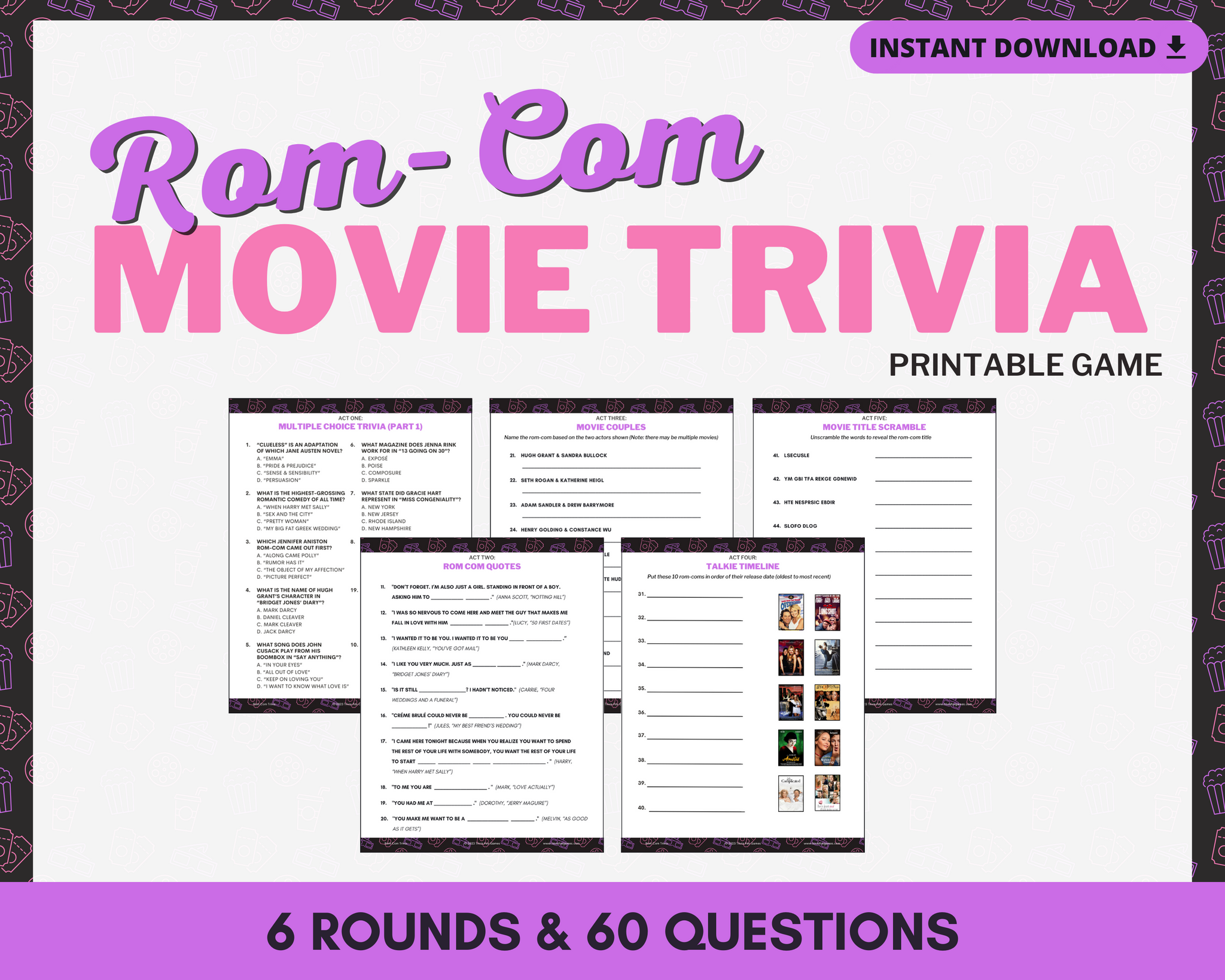 ROM-COM MOVIE TRIVIA PRINTABLE GAME