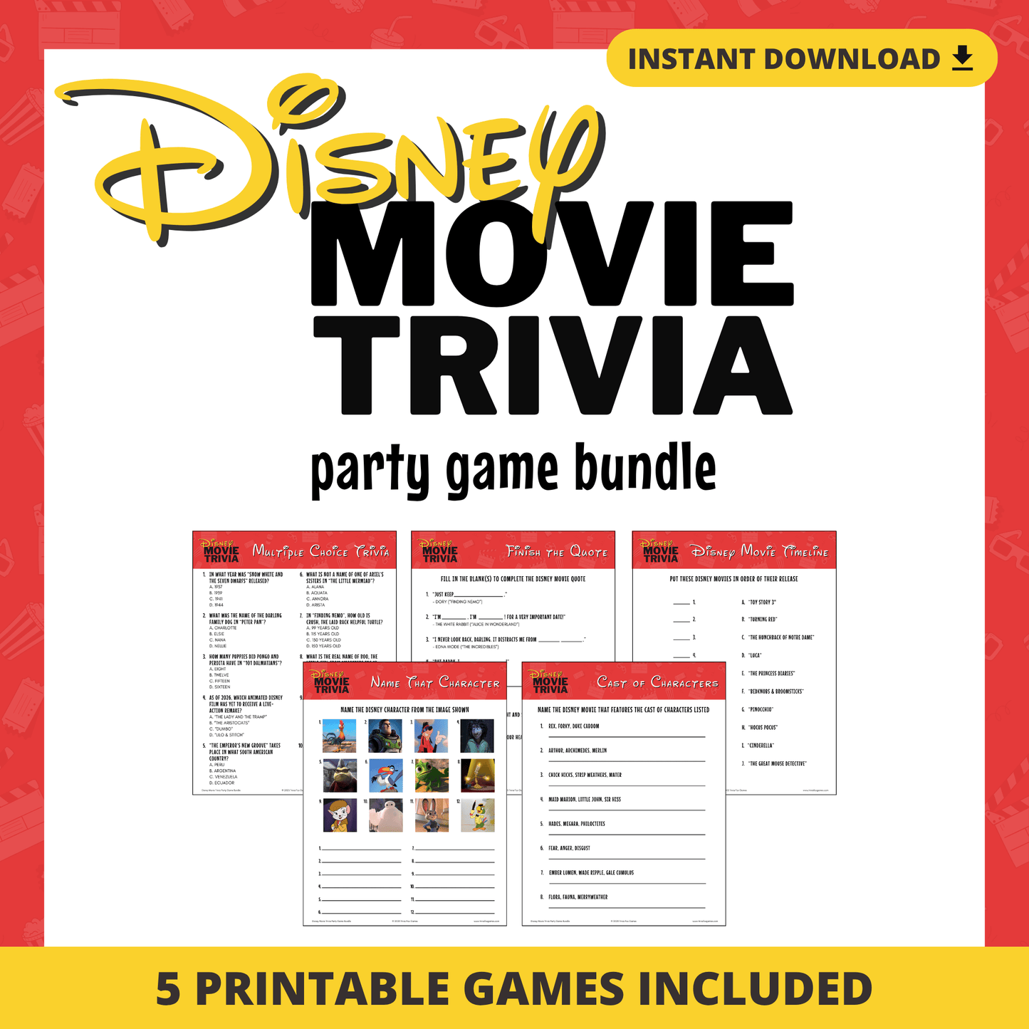 Disney Movie Trivia Printable Game Bundle