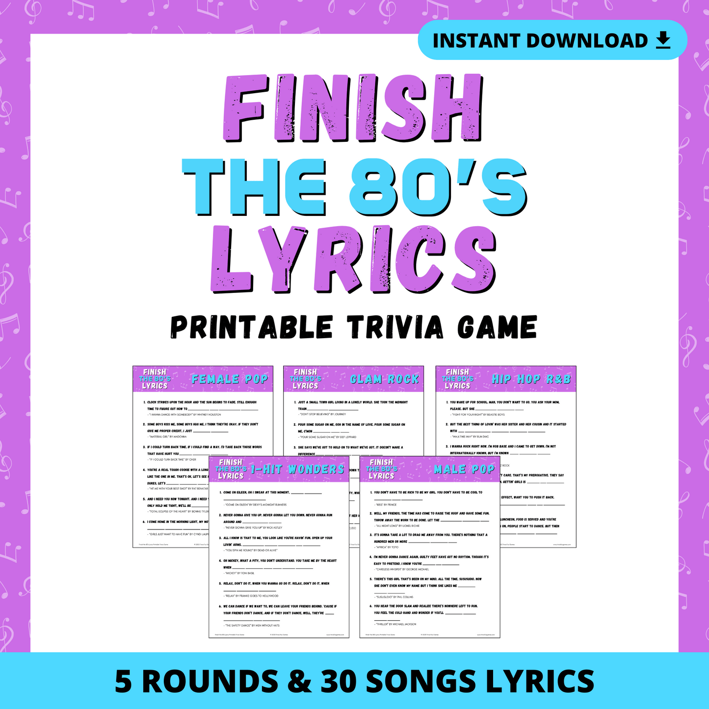 Finish the 80's Lyrics Printable Trivia Game