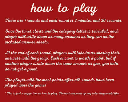 Holiday Scattergories Digital Party Game