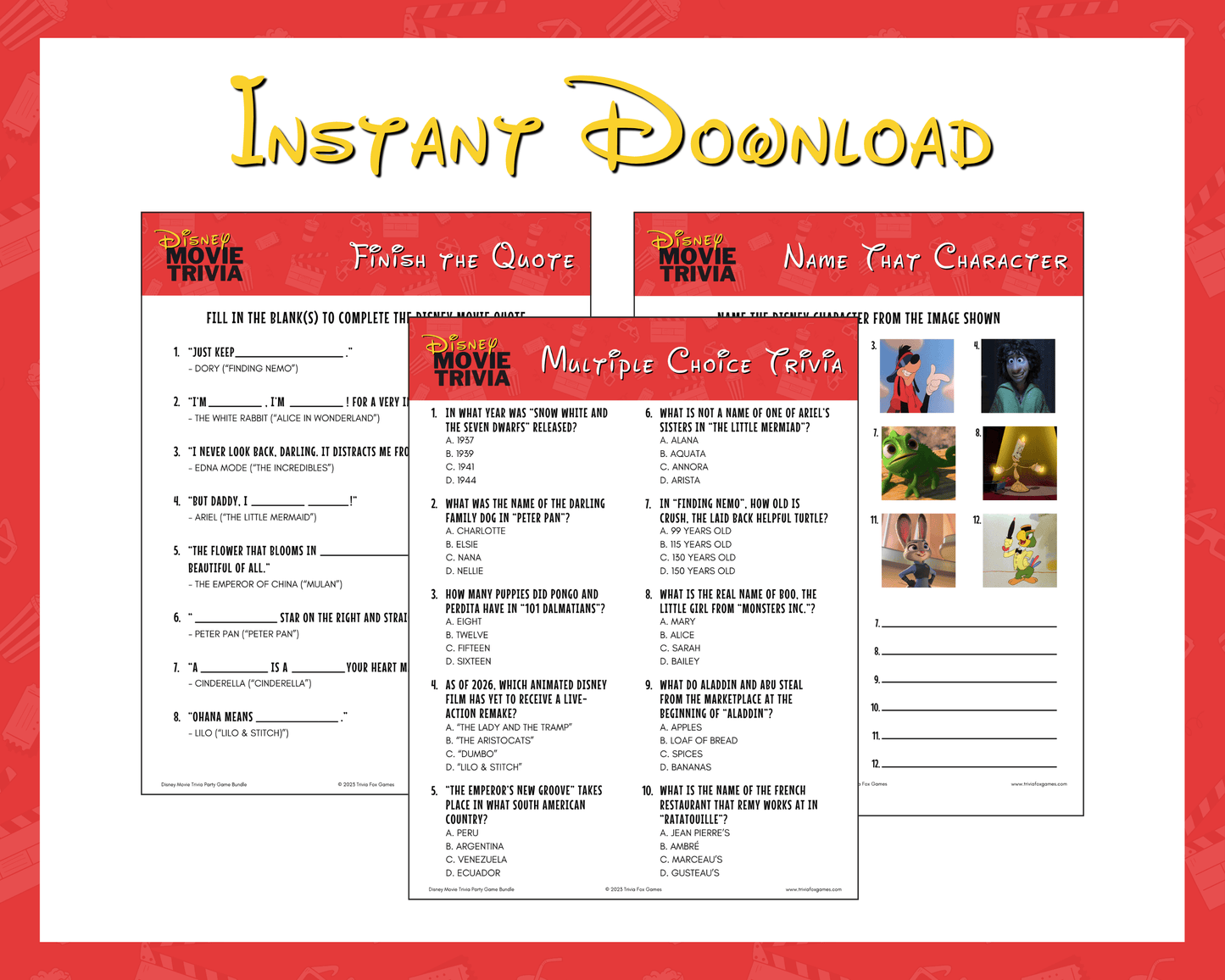 Disney Movie Trivia Printable Game Bundle