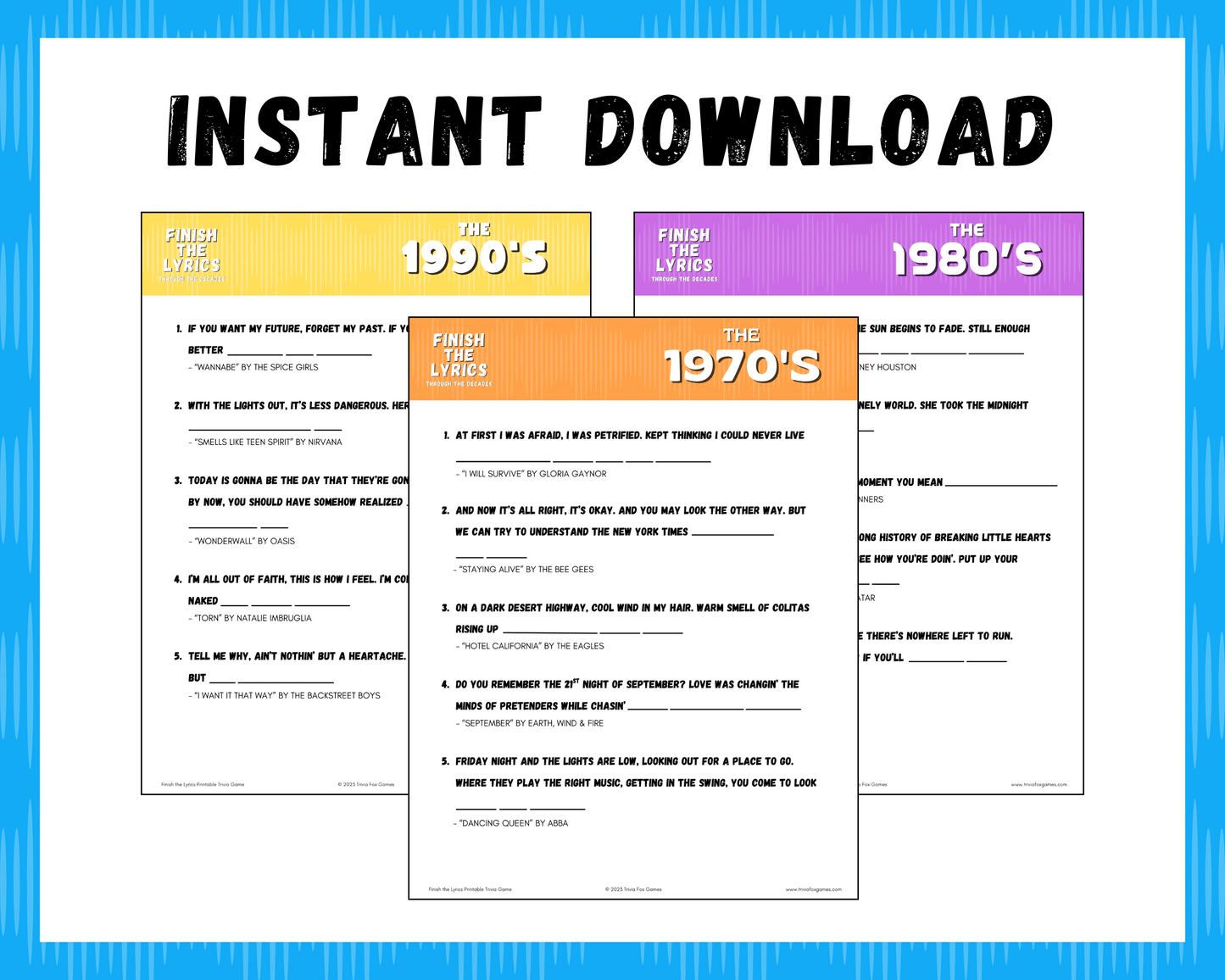 Finish the Lyrics Printable Trivia Game