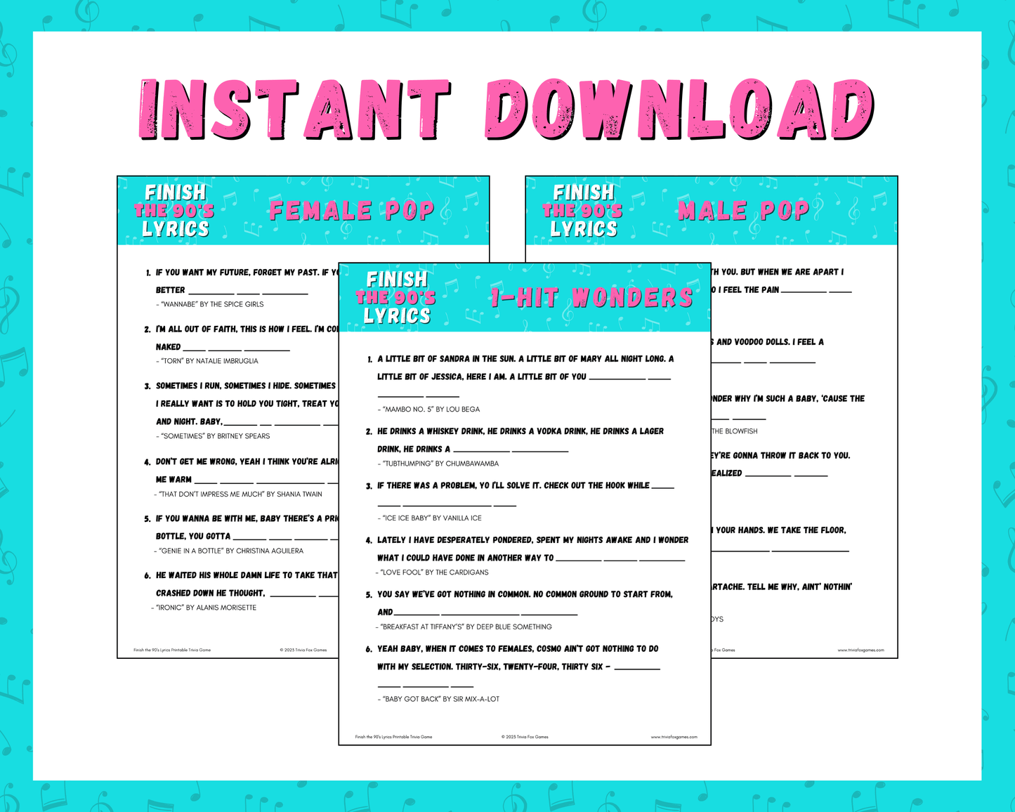 Finish the 90's Lyrics Printable Trivia Game