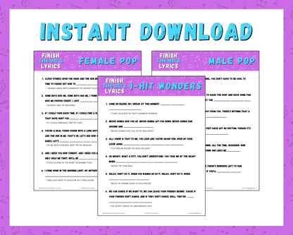Finish the 80's Lyrics Printable Trivia Game