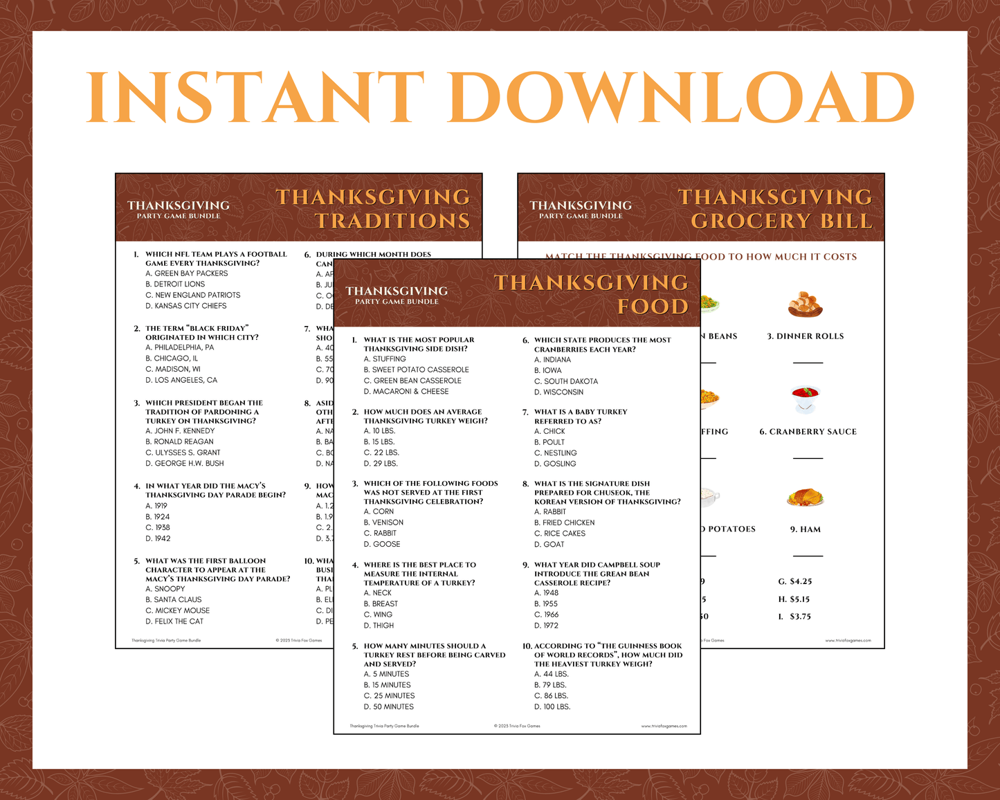 Thanksgiving Trivia Party Game Bundle