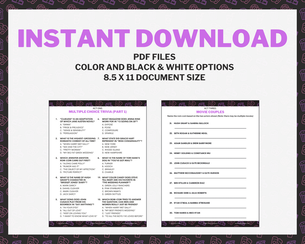 ROM-COM MOVIE TRIVIA PRINTABLE GAME