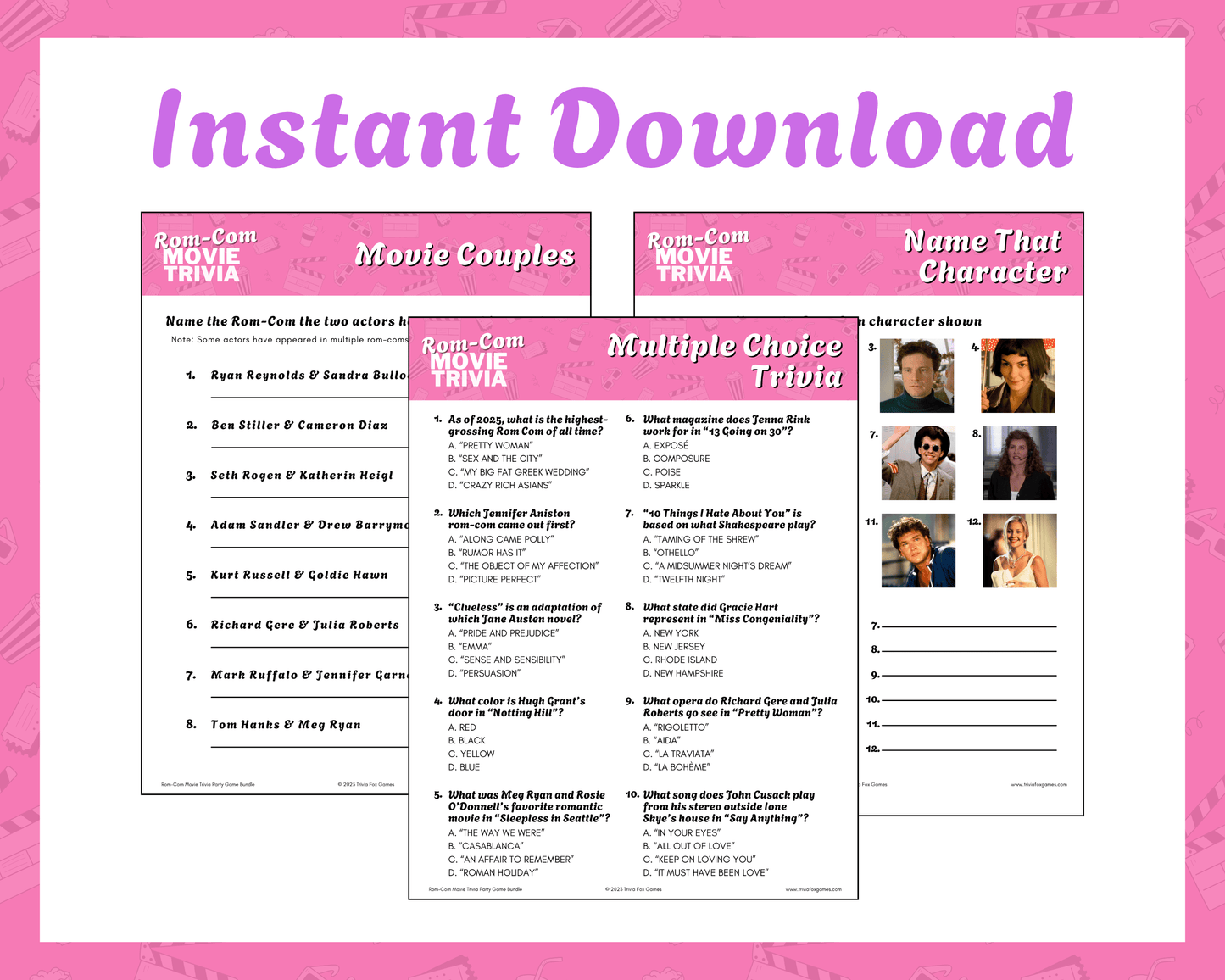 Rom-Com Movie Trivia Printable Game Bundle