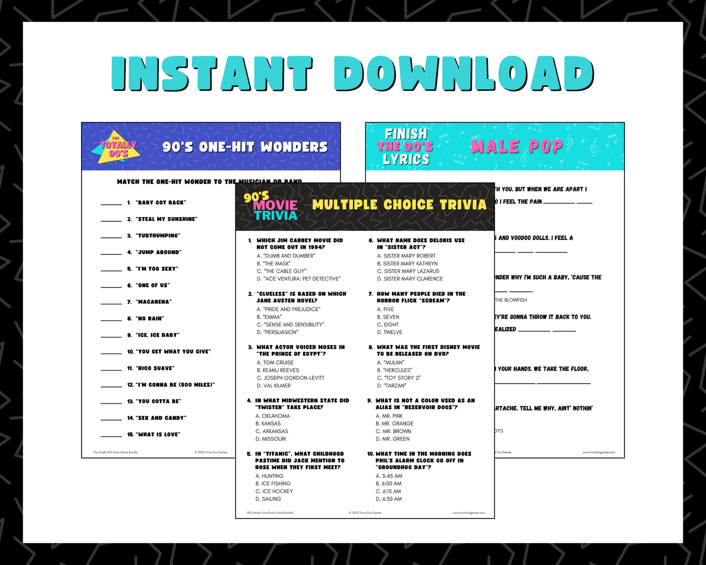 90's Trivia Printable Game Bundle