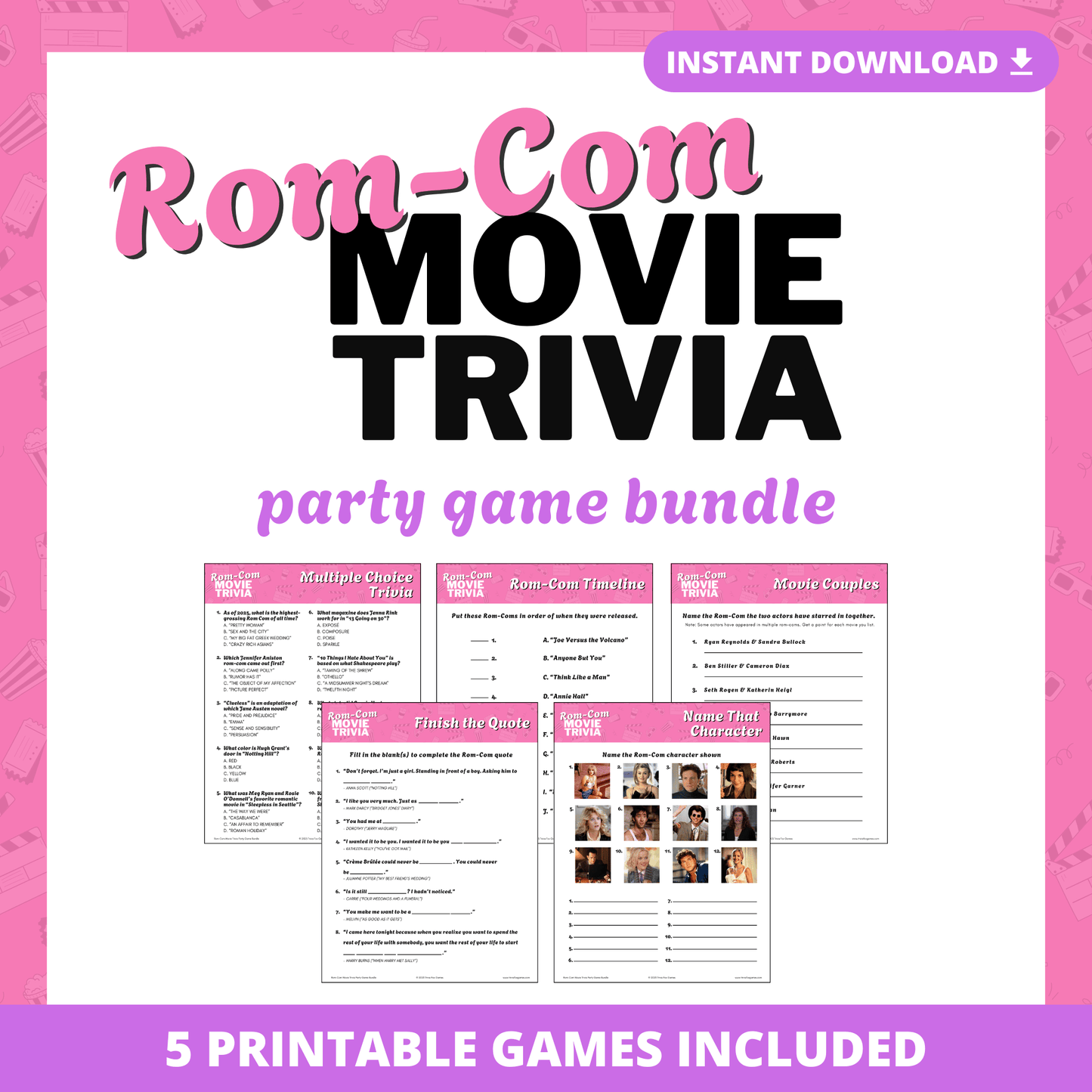Rom-Com Movie Trivia Printable Game Bundle