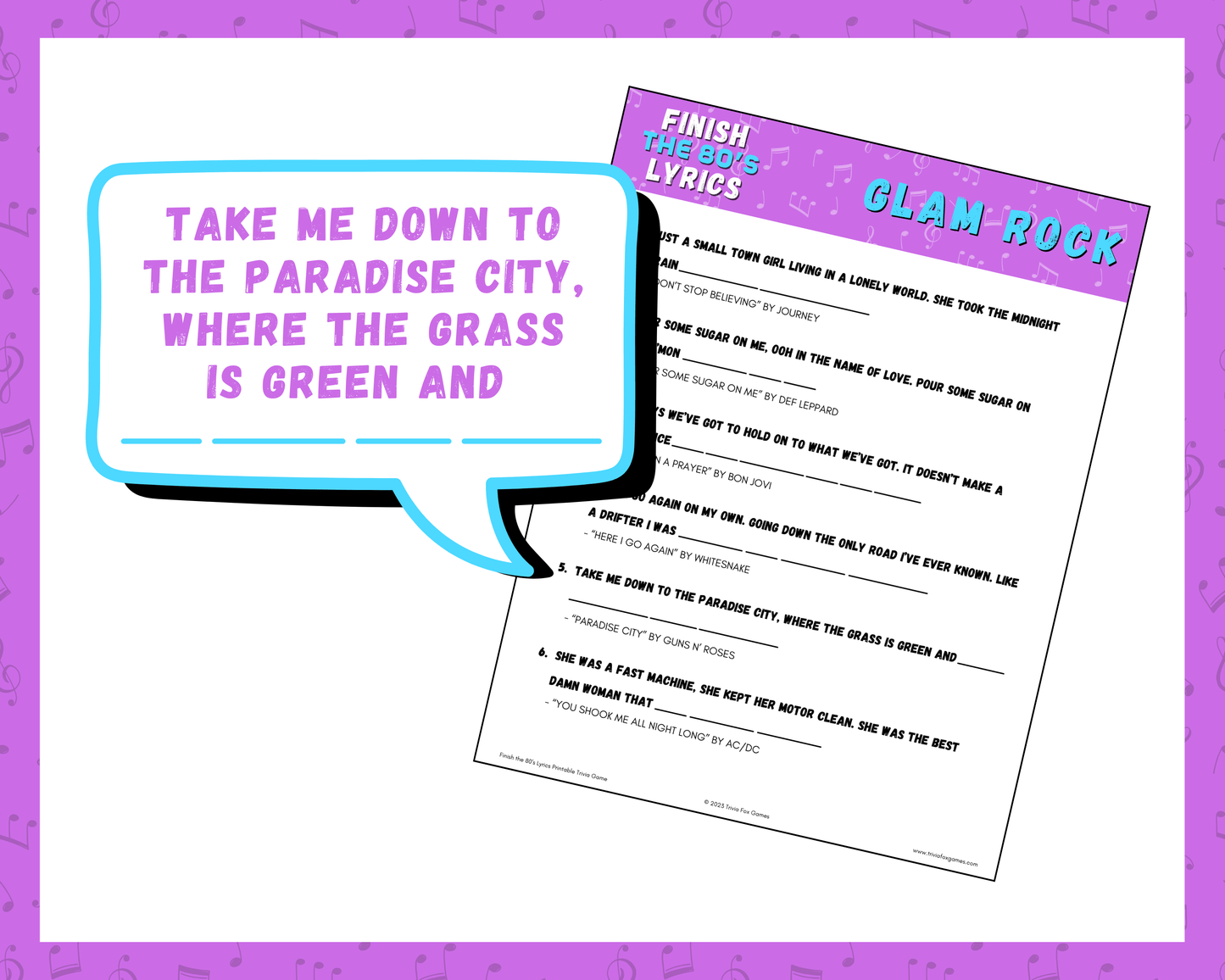 Finish the 80's Lyrics Printable Trivia Game