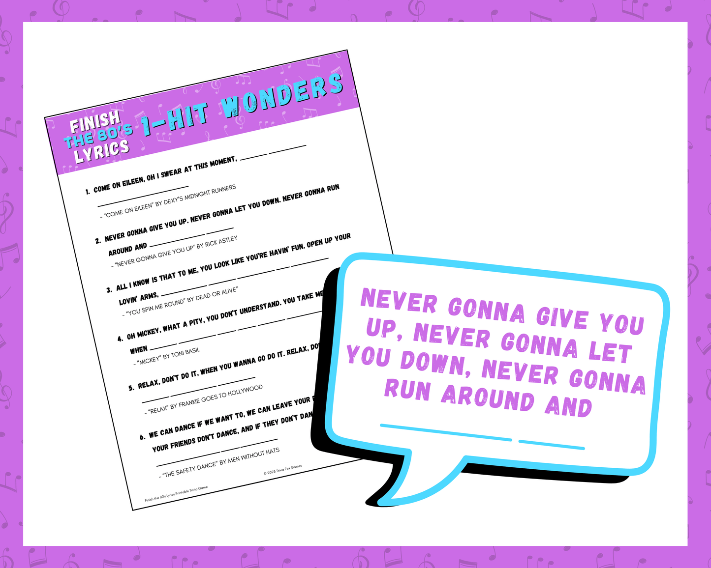 Finish the 80's Lyrics Printable Trivia Game