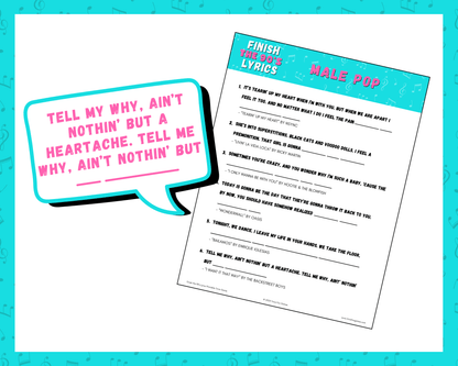 Finish the 90's Lyrics Printable Trivia Game