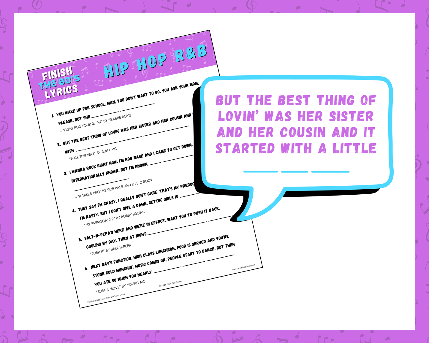 Finish the 80's Lyrics Printable Trivia Game