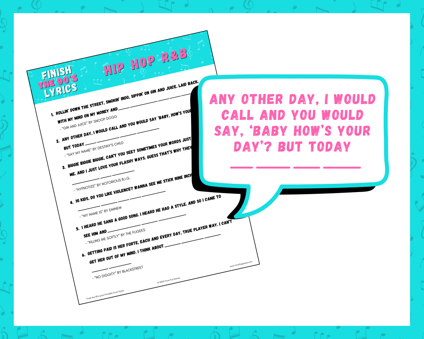 Finish the 90's Lyrics Printable Trivia Game
