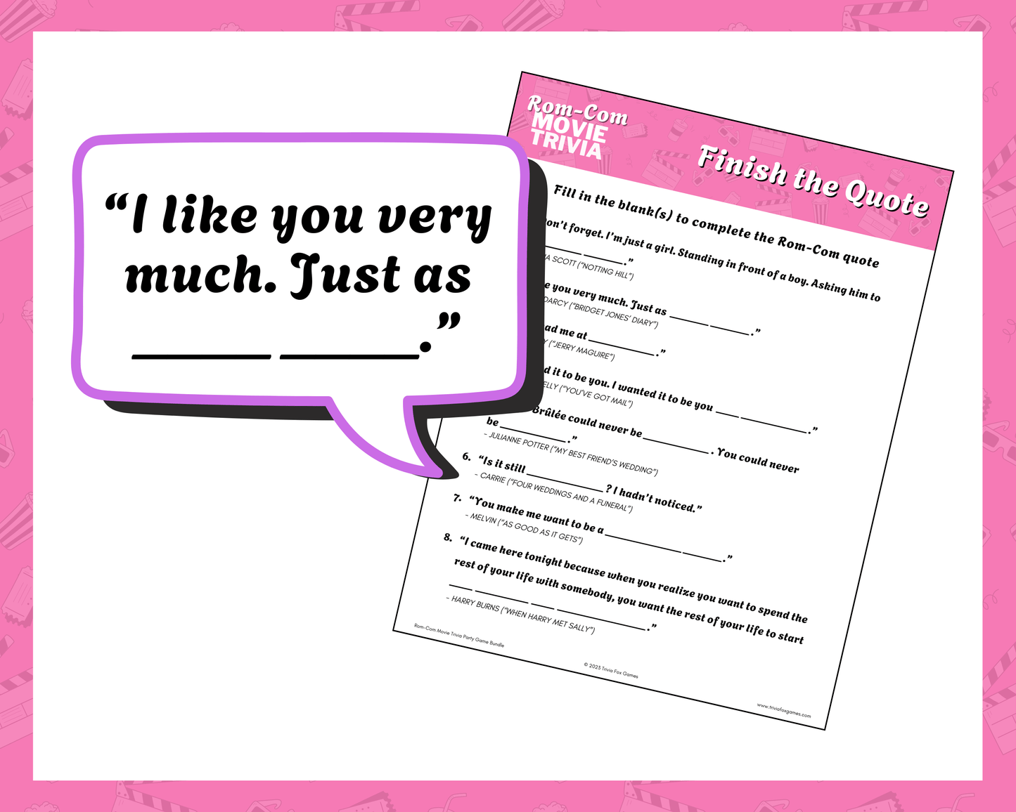 Rom-Com Movie Trivia Printable Game Bundle