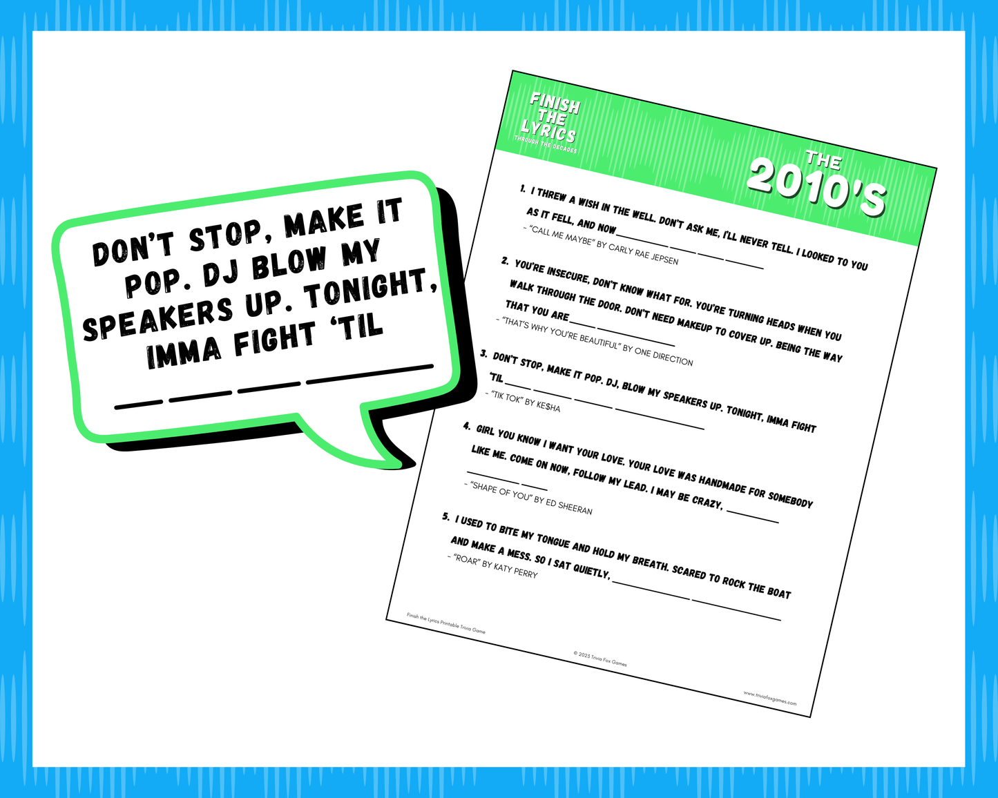 Finish the Lyrics Printable Trivia Game