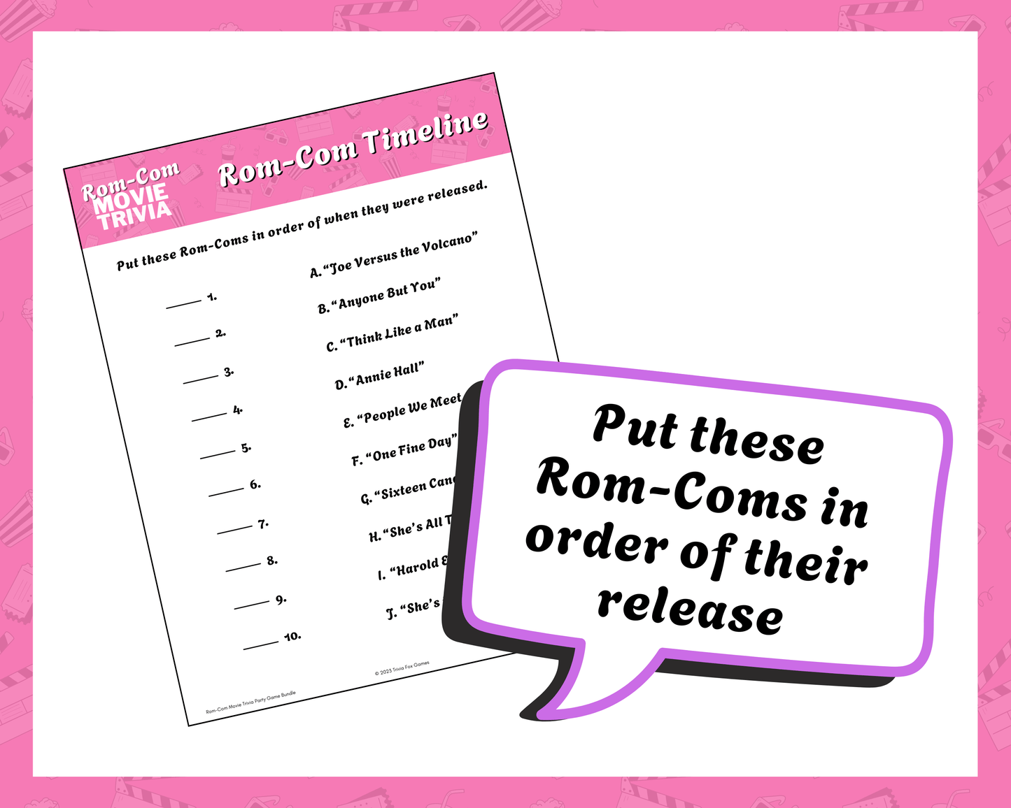 Rom-Com Movie Trivia Printable Game Bundle