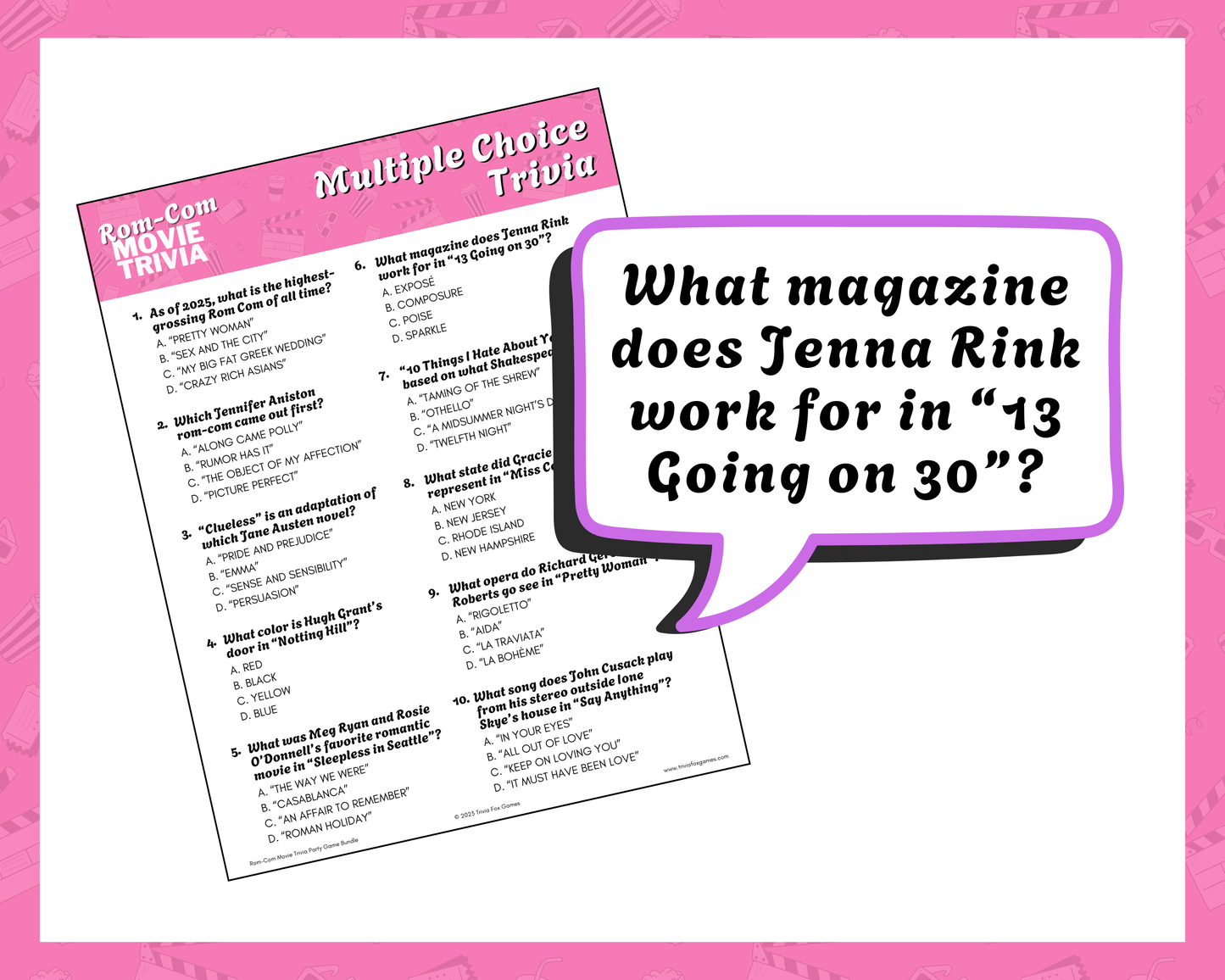 Rom-Com Movie Trivia Printable Game Bundle